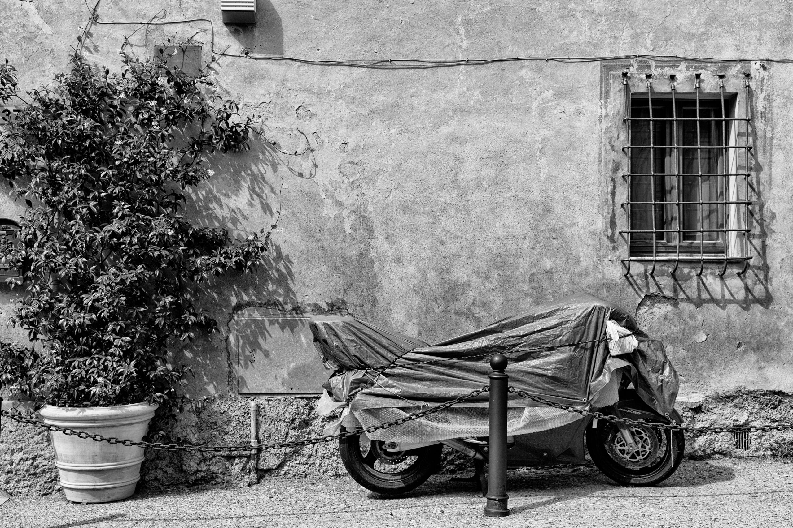 grayscale photo of motorcycle